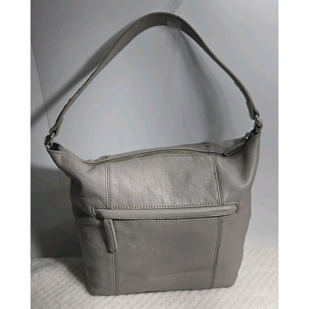 Tommy Bahama Gray Leather Hobo Shoulder Bag Whipstitch Zip Purse - Picture 4 of 14